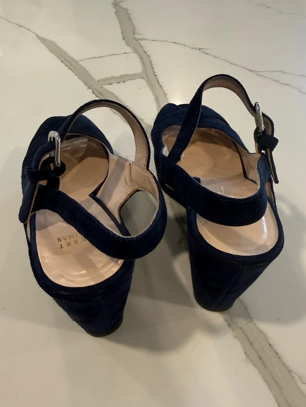 Stuart Weitzman Women’s Navy Suede Wedge Peep Toe Sandals with Ankle Strap 10